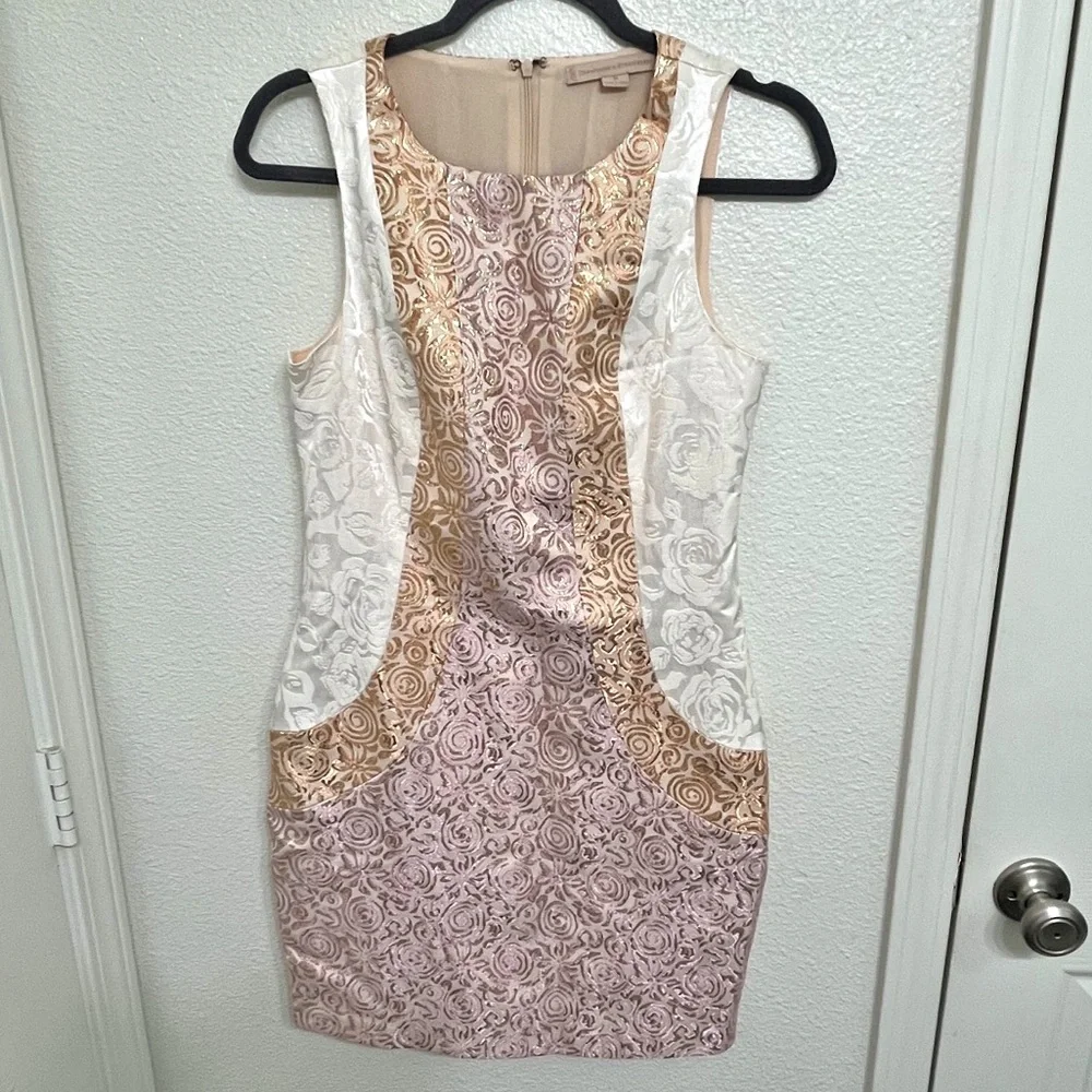 Champagne & Strawberry Metallic Brocade Sheath Dress Gold Purple Pink M